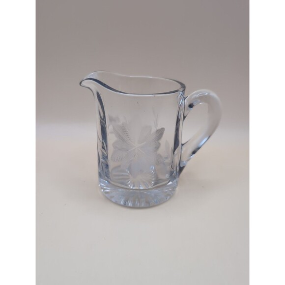 Unmarked Other - Etched Glass Creamer Pour with Flower & Leaves Clear Small Vintage Dish